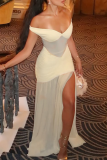 Apricot Sexy Solid Color See-Through Slit Off Shoulder Long Dresses