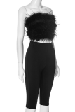 Black Sexy Solid Color Fluffy Strapless Sleeveless Two Pieces