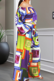 Purple Casual Print Patchwork Off Shoulder Long Sleeve Two Pieces