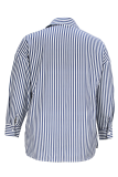 Blue Casual Stripe Buckle Shirt Collar Plus Size Tops