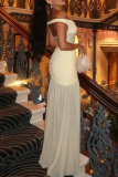 Apricot Sexy Solid Color See-Through Slit Off Shoulder Long Dresses