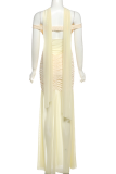 Apricot Sexy Solid Color See-Through Slit Off Shoulder Long Dresses