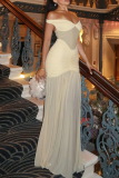 Apricot Sexy Solid Color See-Through Slit Off Shoulder Long Dresses