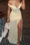 Apricot Sexy Solid Color See-Through Slit Off Shoulder Long Dresses
