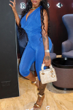 Blue Casual Solid Color V Neck Regular Jumpsuits