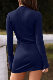 Blue Sexy Solid Color Patchwork O Neck Wrapped Skirt Dresses