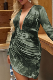 Olive Green Sexy Print Ruched Deep V Neck Wrapped Skirt Dresses