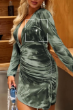 Olive Green Sexy Print Ruched Deep V Neck Wrapped Skirt Dresses