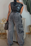 Black Casual Solid Color Ripped Mid Waist Loose Denim Jeans