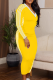 Yellow Casual Stripe Contrast V Neck Long Dresses