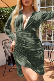 Olive Green Sexy Print Ruched Deep V Neck Wrapped Skirt Dresses