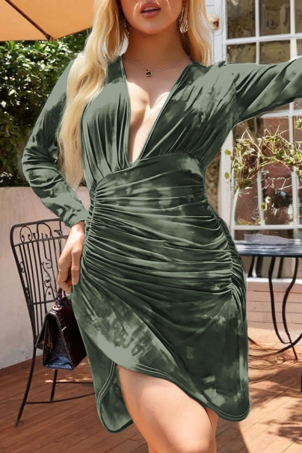 Olive Green Sexy Print Ruched Deep V Neck Wrapped Skirt Dresses