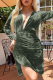 Olive Green Sexy Print Ruched Deep V Neck Wrapped Skirt Dresses
