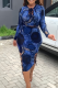 Blue Sexy Print Cross Straps O Neck Long Sleeve Two Pieces