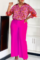 Rose Red Casual Print Buckle Feathers Shirt Collar Long Sleeve Two Pieces