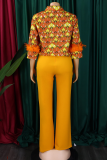 Yellow Casual Print Buckle Feathers Shirt Collar Long Sleeve Two Pieces