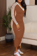 Coffee Casual Stripe Contrast V Neck Long Dresses
