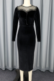 Black Elegant Solid Color Mesh O Neck Evening Dresses