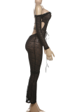 Black Sexy Solid Color Hollow Out Off Shoulder Skinny Jumpsuits