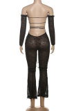 Black Sexy Solid Color Hollow Out Off Shoulder Skinny Jumpsuits