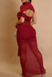 Red Elegant Solid Color Hollow Out Ruched O Neck Long Dresses