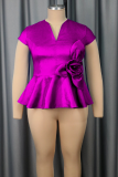 Purple Casual Solid Color Flower Shape V Neck T-Shirts