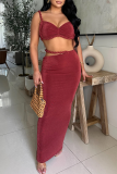 Red Sexy Solid Color Hollow Out Spaghetti Strap Sleeveless Two Pieces
