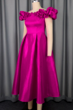 Rose Red Elegant Solid Color Ruched Off Shoulder A Line Dresses