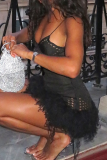 Black Sexy Solid Color Patchwork Spaghetti Strap Dresses
