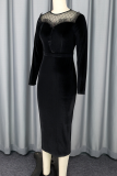 Black Elegant Solid Color Mesh O Neck Evening Dresses