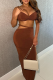 Brown Hazel Sexy Solid Color Hollow Out Spaghetti Strap Sleeveless Two Pieces