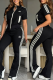 Black Casual Letters Zipper Contrast Zipper Collar Short Sleeve Two Pieces
