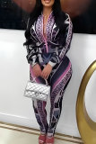 Pink Casual Print Zipper Zipper Collar Long Sleeve Two Pieces