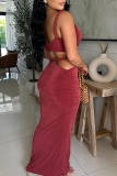 Red Sexy Solid Color Hollow Out Spaghetti Strap Sleeveless Two Pieces