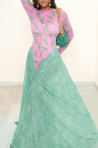 Pink Elegant Print Contrast O Neck Long Dresses
