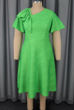 Green Casual Solid Color Flounce Asymmetrical Collar A Line Dresses