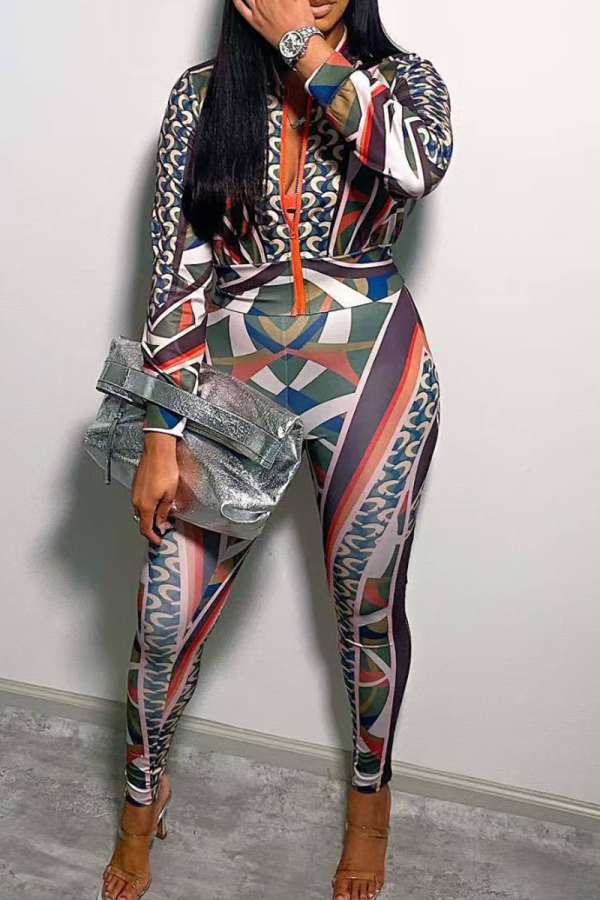 Tangerine Casual Print Zipper Zipper Collar Long Sleeve Two Pieces