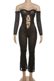 Black Sexy Solid Color Hollow Out Off Shoulder Skinny Jumpsuits