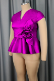 Purple Casual Solid Color Flower Shape V Neck T-Shirts