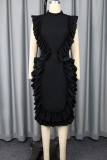 Black Elegant Solid Color Stringy Selvedge O Neck Wrapped Skirt Dresses