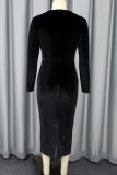 Black Elegant Solid Color Mesh O Neck Evening Dresses