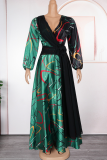 Yellow Elegant Print Contrast V Neck Long Plus Size Dresses