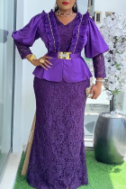 Purple Elegant Solid Color Lace V Neck Long Plus Size Dresses