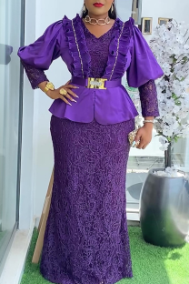 Purple Elegant Solid Color Lace V Neck Long Plus Size Dresses