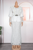 Purple Elegant Solid Color Lace V Neck Long Plus Size Dresses
