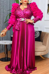 Rose Red Elegant Solid Color With Belt Pleated V Neck Long Plus Size Dresses
