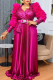Rose Red Elegant Solid Color With Belt Pleated V Neck Long Plus Size Dresses