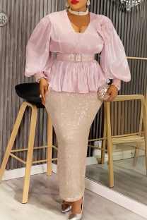 Pink Elegant Solid Color Sequins With Belt V Neck Long Plus Size Dresses
