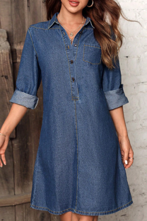 Deep Blue Casual Solid Color Buckle Turndown Collar Long Sleeve Loose Denim Dresses