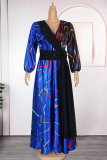 Yellow Elegant Print Contrast V Neck Long Plus Size Dresses